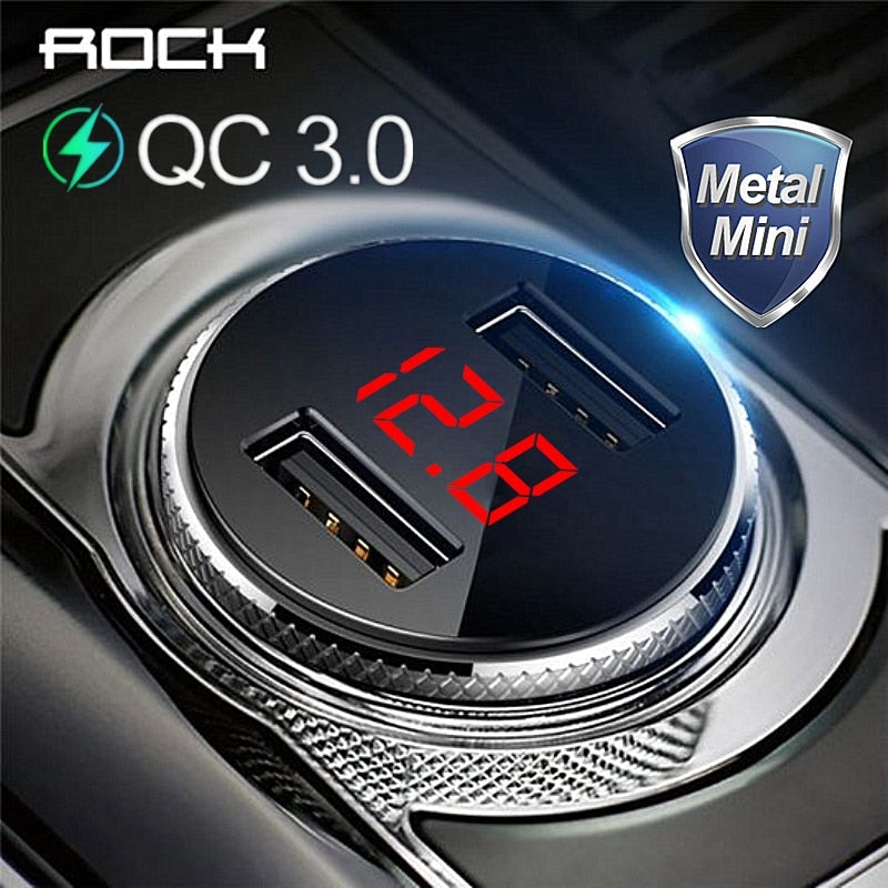 ROCK QC 3.0 Metal Dual USB Phone Car Charger Digital Display For iPhone Xiaomi Samsung Fast Charging Voltage Monitoring