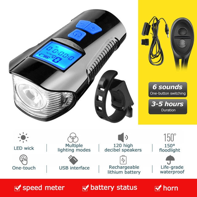 Waterproof Bicycle Light USB Charging Bike Front Light Flashlight Handlebar Cycling Head Light w/ Horn Speed Meter LCD Screen