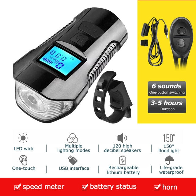 Waterproof Bicycle Light USB Charging Bike Front Light Flashlight Handlebar Cycling Head Light w/ Horn Speed Meter LCD Screen