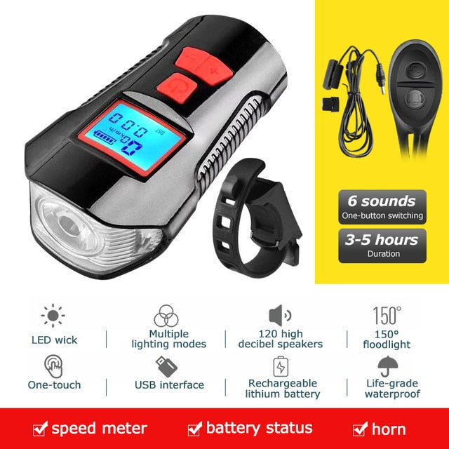 Waterproof Bicycle Light USB Charging Bike Front Light Flashlight Handlebar Cycling Head Light w/ Horn Speed Meter LCD Screen