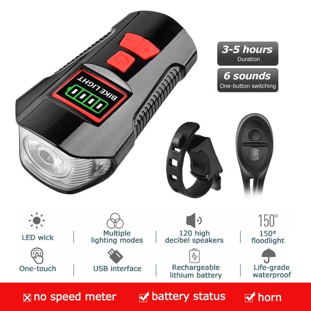 Waterproof Bicycle Light USB Charging Bike Front Light Flashlight Handlebar Cycling Head Light w/ Horn Speed Meter LCD Screen