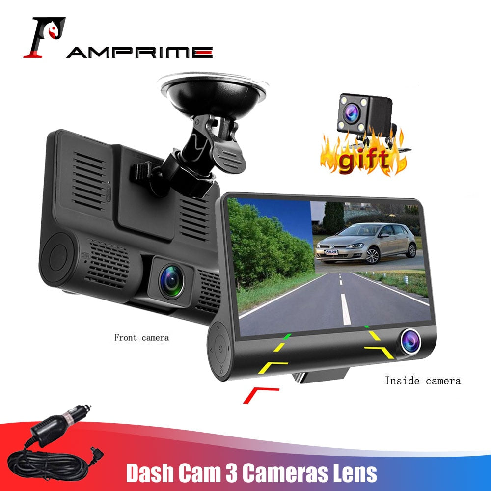 AMPrime 4'' Three Way Car DVR FHD Three Lens Video Recorder Camera 170 Wide Angle Dash Cam G-Sensor And Night vision Camcorder