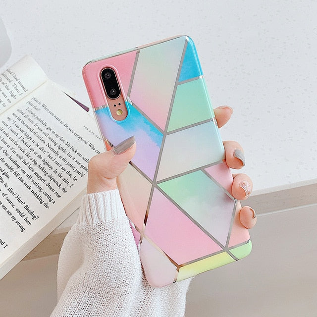 LOVECOM Plating Geometric Marble Phone Case For Huawei P30 P20 Lite Pro Mate 30 20 Pro Lite Glossy Soft IMD Phone Back Cover