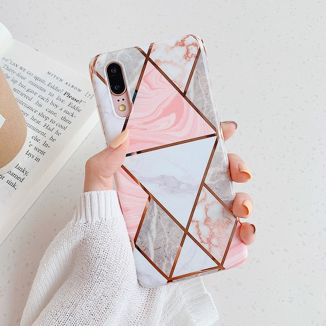 LOVECOM Plating Geometric Marble Phone Case For Huawei P30 P20 Lite Pro Mate 30 20 Pro Lite Glossy Soft IMD Phone Back Cover