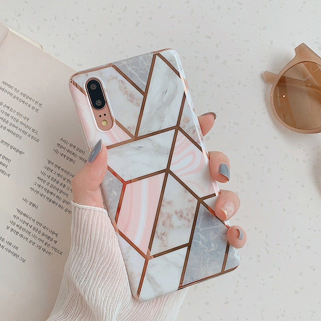 LOVECOM Plating Geometric Marble Phone Case For Huawei P30 P20 Lite Pro Mate 30 20 Pro Lite Glossy Soft IMD Phone Back Cover