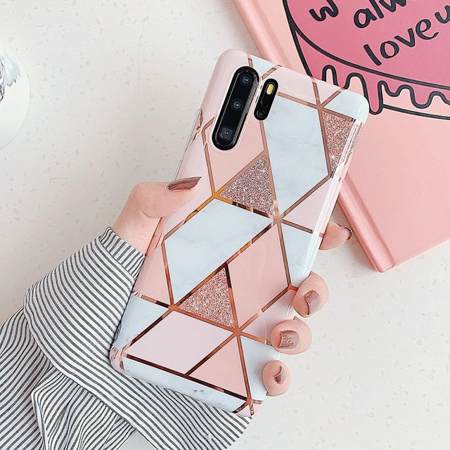LOVECOM Plating Geometric Marble Phone Case For Huawei P30 P20 Lite Pro Mate 30 20 Pro Lite Glossy Soft IMD Phone Back Cover