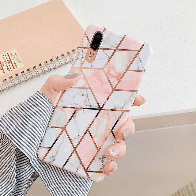 LOVECOM Plating Geometric Marble Phone Case For Huawei P30 P20 Lite Pro Mate 30 20 Pro Lite Glossy Soft IMD Phone Back Cover