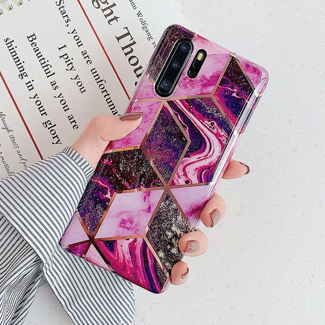 LOVECOM Plating Geometric Marble Phone Case For Huawei P30 P20 Lite Pro Mate 30 20 Pro Lite Glossy Soft IMD Phone Back Cover