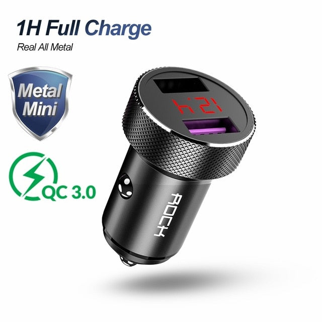 ROCK QC 3.0 Metal Dual USB Phone Car Charger Digital Display For iPhone Xiaomi Samsung Fast Charging Voltage Monitoring