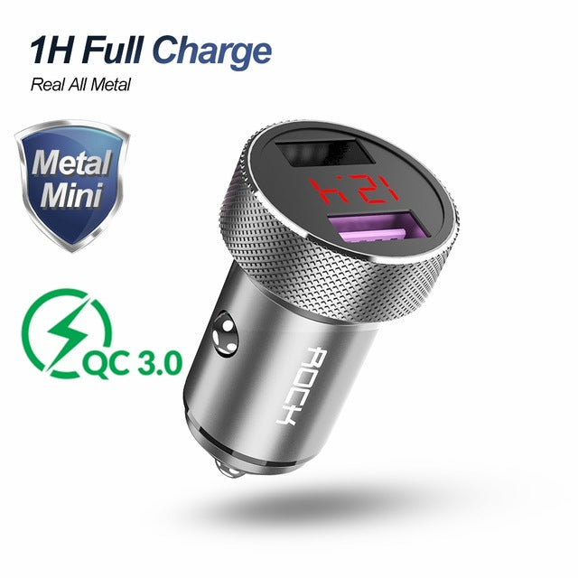 ROCK QC 3.0 Metal Dual USB Phone Car Charger Digital Display For iPhone Xiaomi Samsung Fast Charging Voltage Monitoring