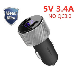 ROCK QC 3.0 Metal Dual USB Phone Car Charger Digital Display For iPhone Xiaomi Samsung Fast Charging Voltage Monitoring