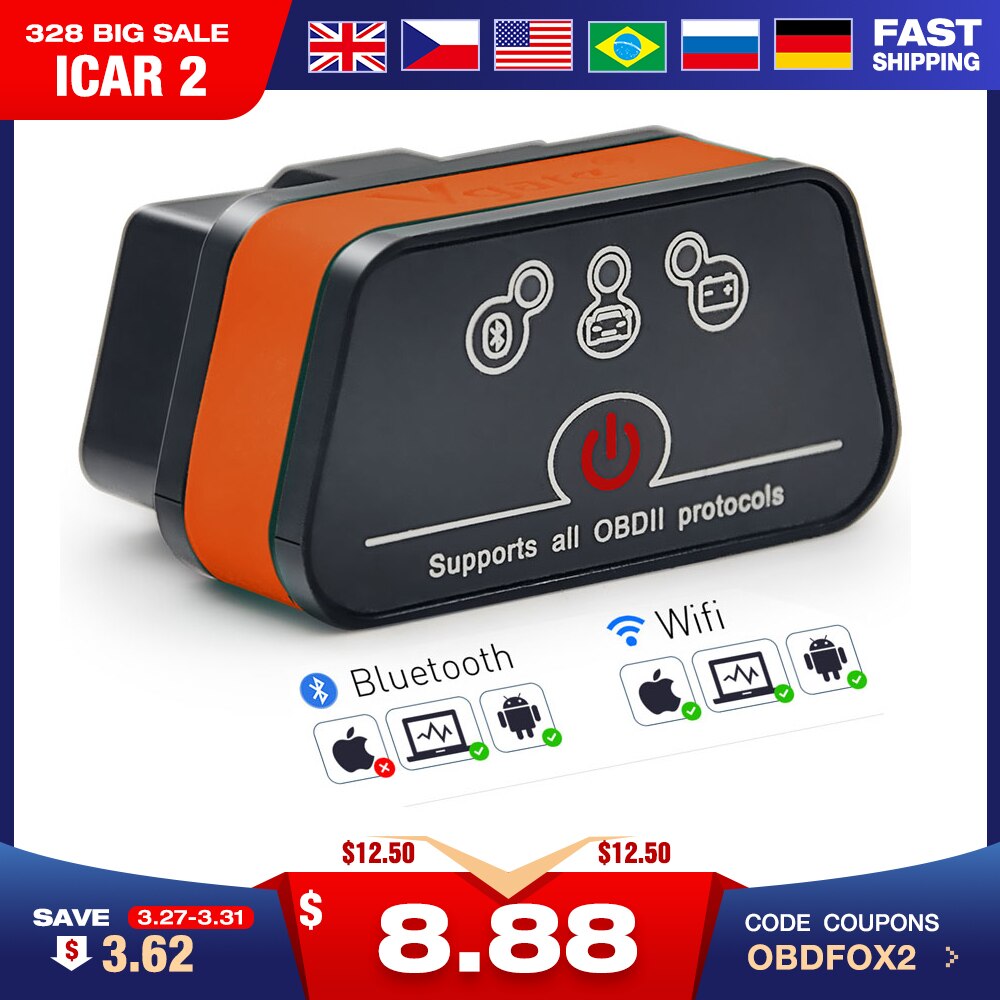 Vgate iCar2 ELM327 obd2 Bluetooth scanner elm 327 V2.1 obd 2 wifi icar 2 auto diagnostic scanner for android/PC/IOS code reader