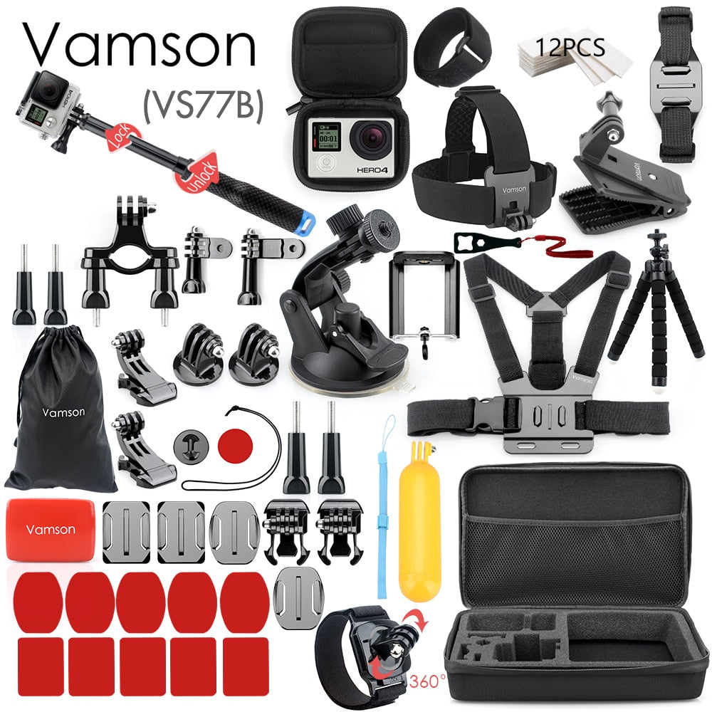 Vamson for Gopro Accessories Set for go pro hero 8 7 6 5 4 kit 3 way selfie stick for Eken h8r / for xiaomi for yi EVA case VS77